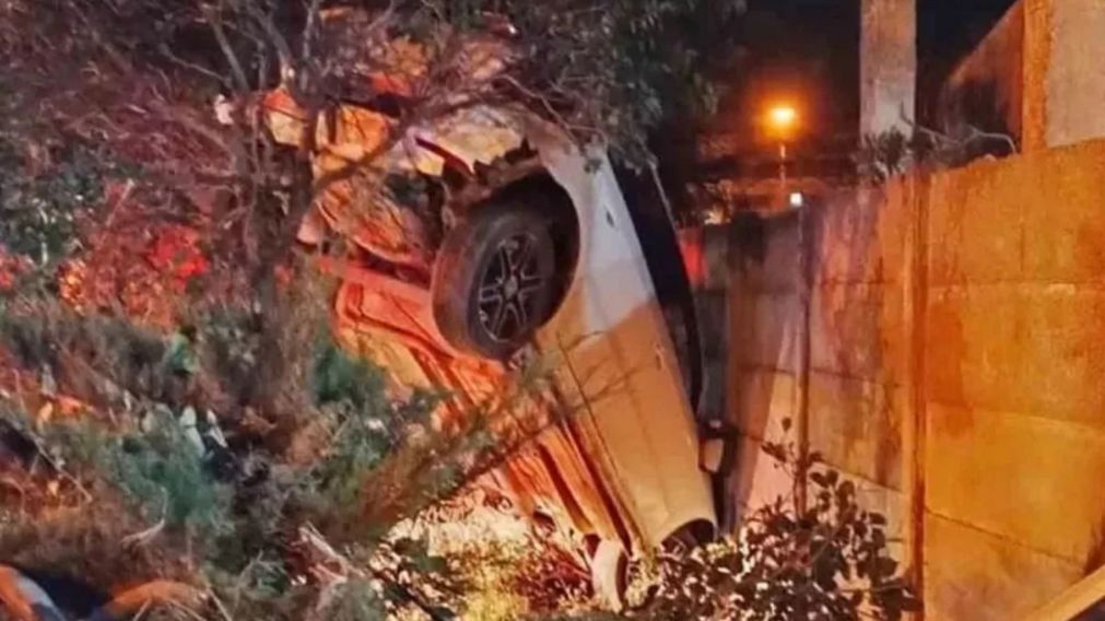 Así quedó el auto colgado del árbol. Manejaba alcoholizado, derribó un cartel y el auto quedó colgado de un árbol(Foto: labrujula24.com